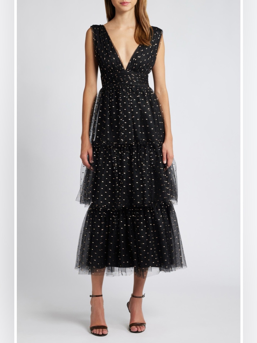 NWT - Lulu's Black Tulle Midi Dress with Gold Metallic Dashes - Size M